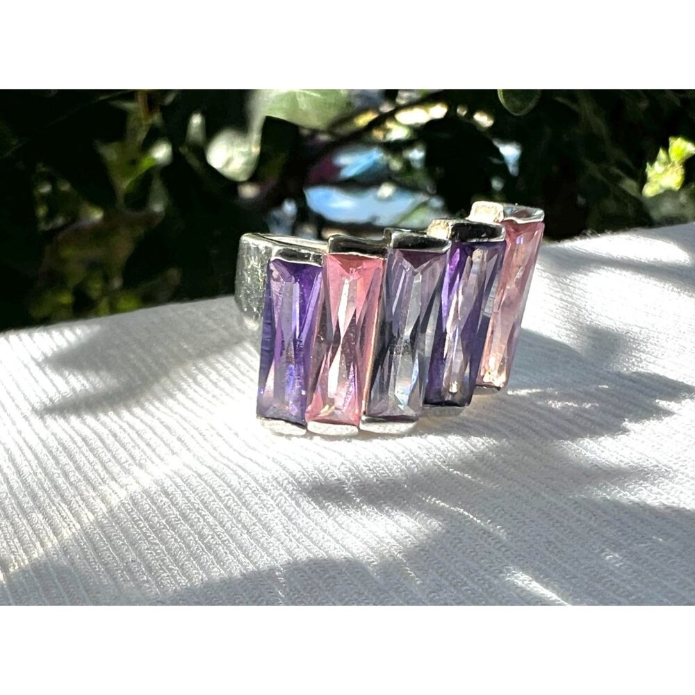Stunning Sterling Silver 925 Ring With Pink & Purple Gradient Baguette Stones .5 - Picture 2 of 11
